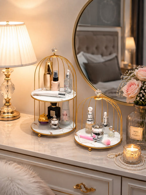 Birdcage Makeup Organizer & Vanity Tray | Gold Metal Storage Rack with Marble Base