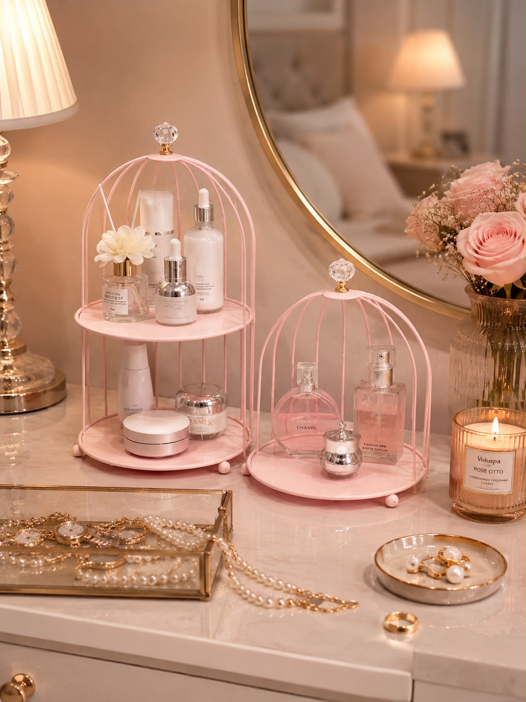 Birdcage Makeup Organizer & Vanity Tray | Gold Metal Storage Rack with Marble Base