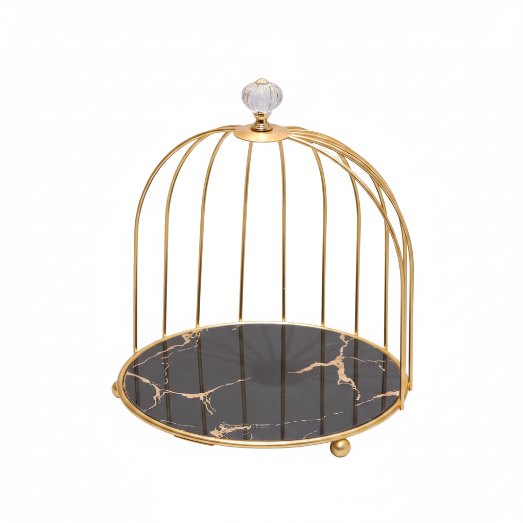 Birdcage Makeup Organizer & Vanity Tray | Gold Metal Storage Rack with Marble Base