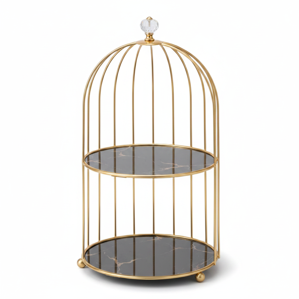 Birdcage Makeup Organizer & Vanity Tray | Gold Metal Storage Rack with Marble Base