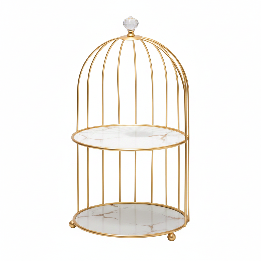 Birdcage Makeup Organizer & Vanity Tray | Gold Metal Storage Rack with Marble Base